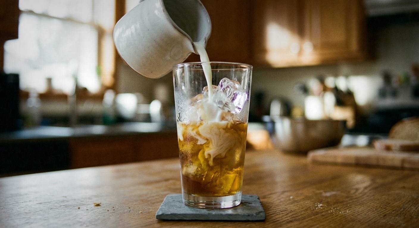 Overhead view of iced chamomile latte in a tall glass with scattered dried chamomile flowers on the table beside the glass on birch wood