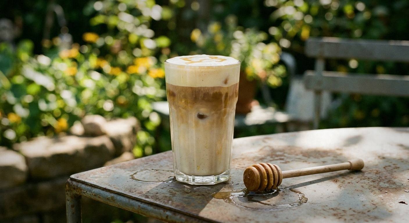 Close-up of chamomile honey being stirred into warm chamomile tea concentrate in a ceramic cup with a honey dipper beside the cup on white marble