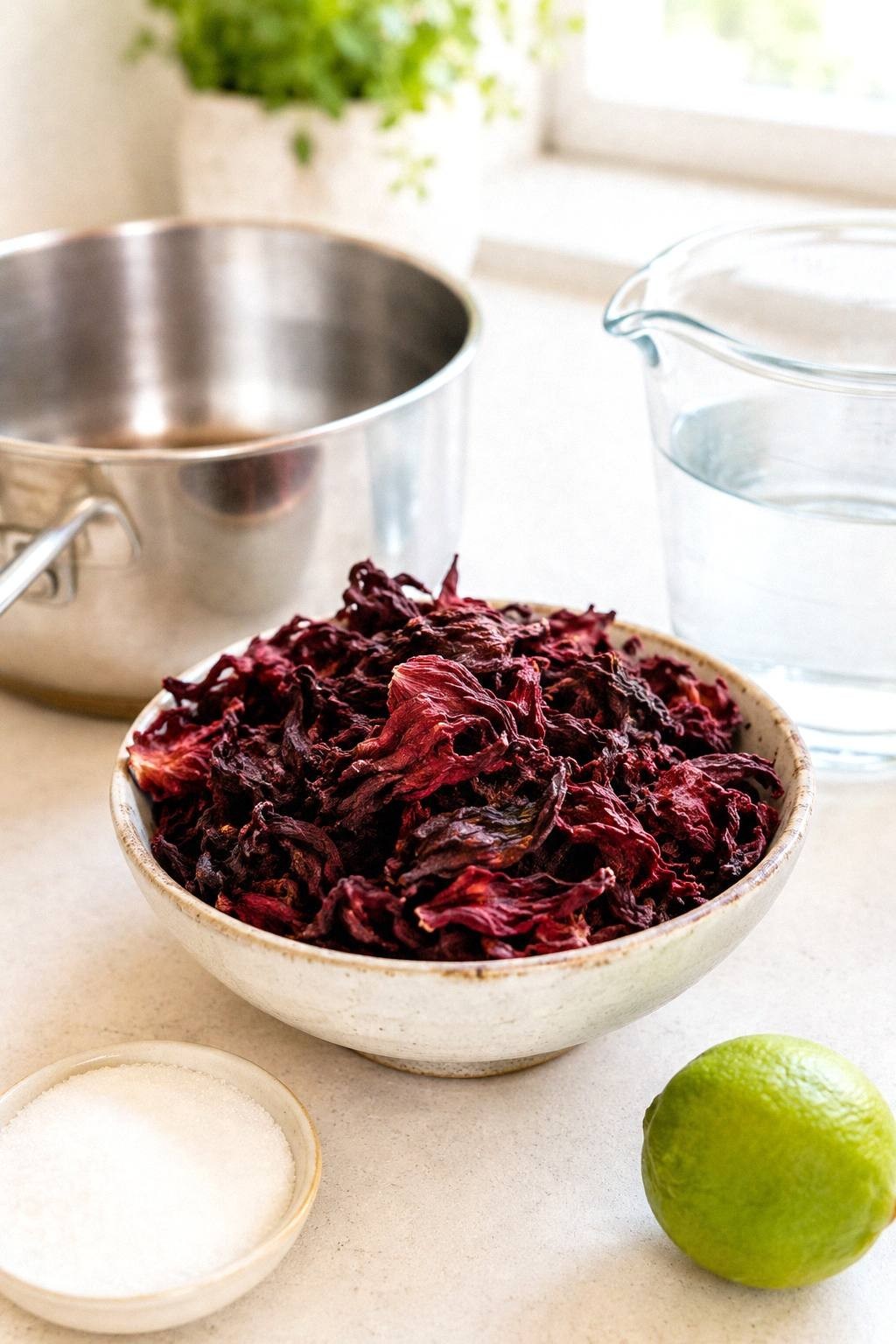 Dried hibiscus flowers in a small ceramic bowl beside a saucepan and a glass measuring cup of water on a bright kitchen counter