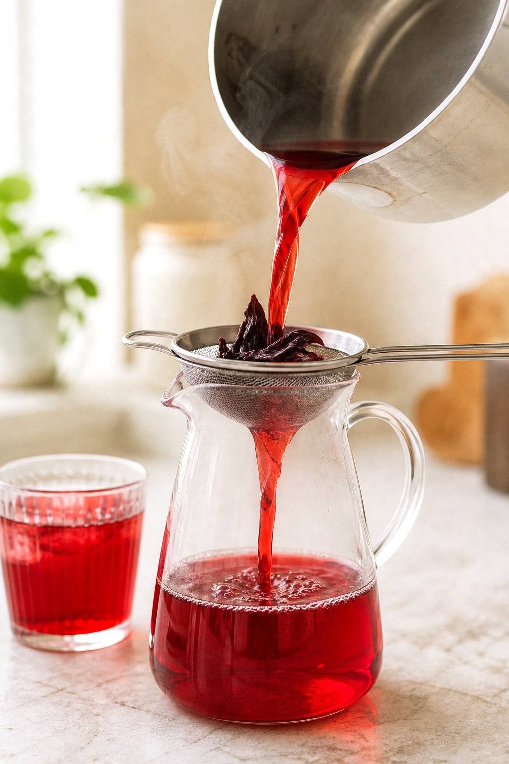 Deep ruby red hibiscus tea being strained through a fine mesh sieve from a saucepan into a clear glass pitcher