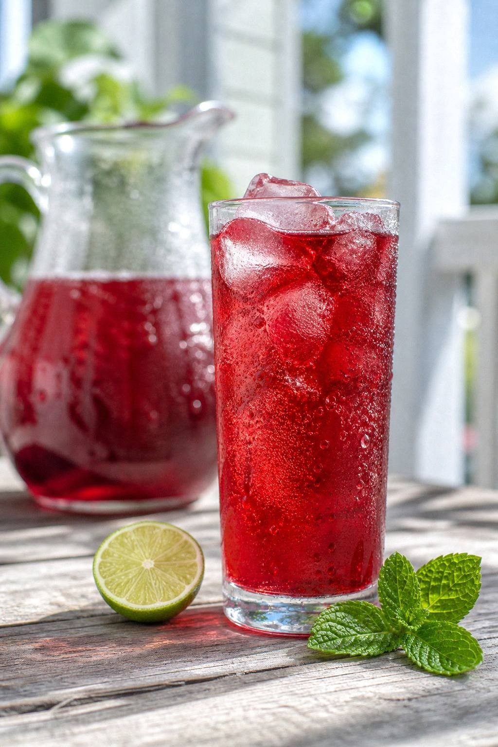 Finished glass of tart ruby red iced hibiscus tea over clear ice with condensation and a lime wheel on a porch table in bright daylight