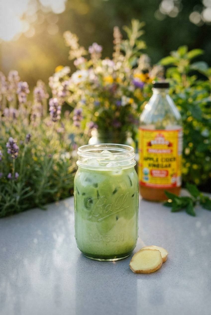 Iced matcha latte in a tall clear glass showing green matcha layered over white oat milk with large ice cubes, bamboo whisk beside the glass on a light surface