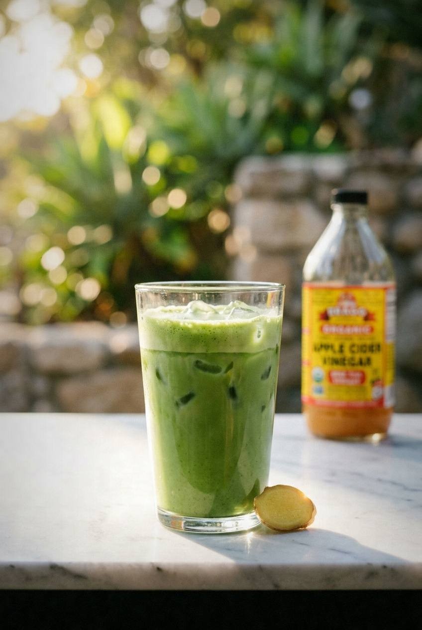 Finished iced matcha latte in a tall glass with vibrant jade green color, oat milk swirl, and ice cubes, bright natural light on a marble countertop with a small tin of matcha powder nearby