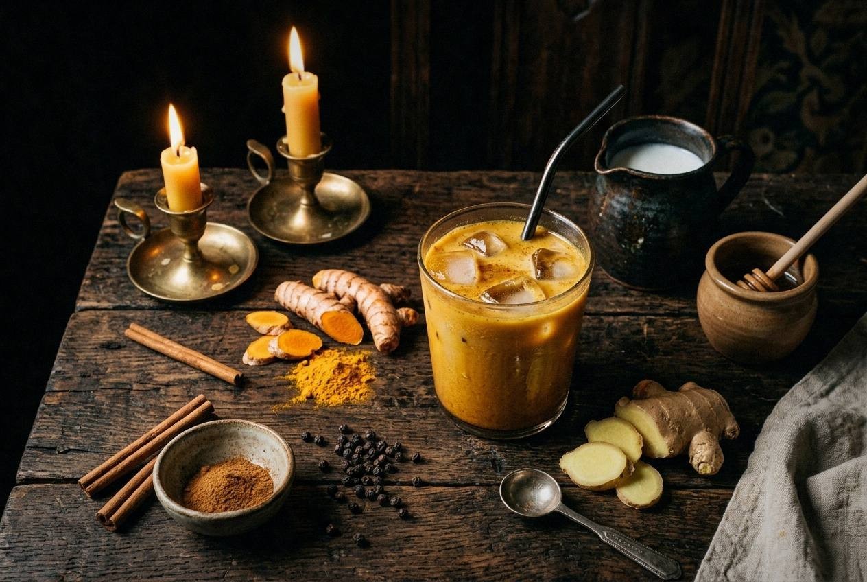 Iced turmeric latte in tall glass with golden yellow color, ice cubes, coconut milk foam on top, fresh turmeric root and ginger on marble counter