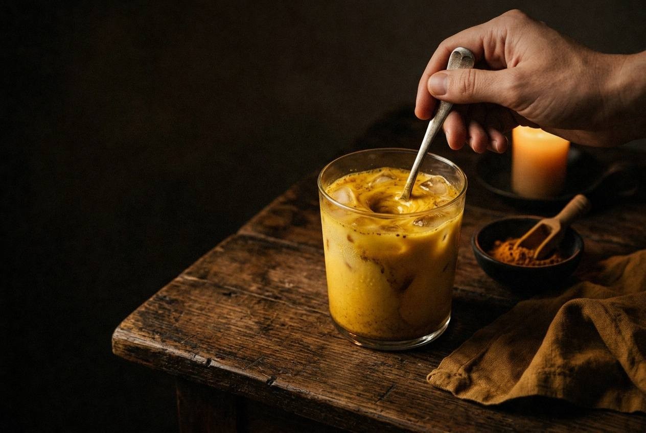 Blender with bright yellow turmeric latte mixture, coconut milk foam visible, ground turmeric and black pepper in small bowls beside blender