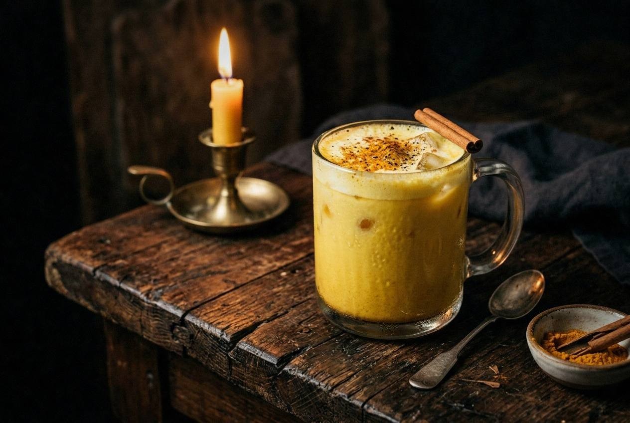 Two iced turmeric lattes in glasses with ice, golden yellow color, cinnamon sticks as garnish, fresh turmeric and ginger root scattered on white surface