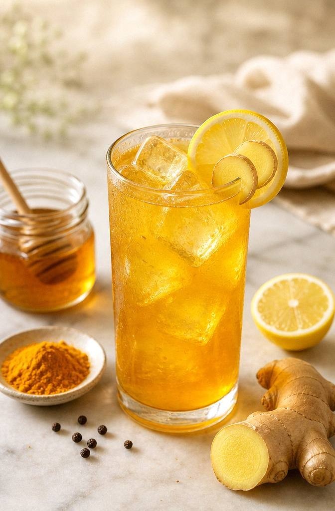 Ground turmeric, fresh ginger root, black peppercorns, lemon, and honey arranged on a pale marble surface beside a glass jar for making iced turmeric tea
