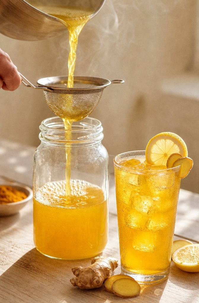 Golden turmeric tea being strained through a fine mesh sieve into a clear glass jar with steam rising in bright kitchen light