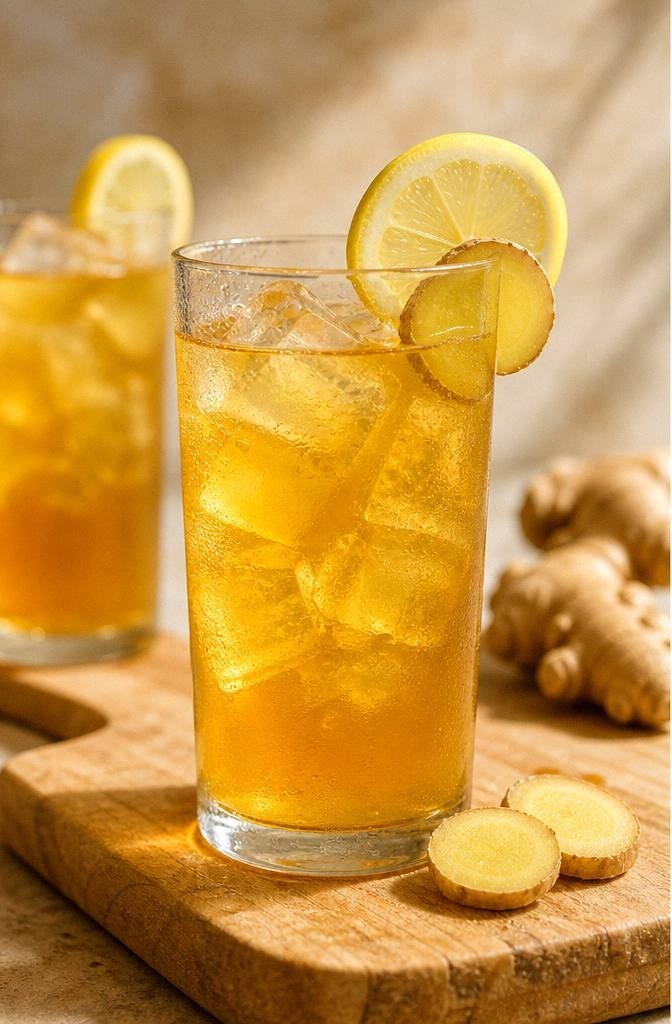 Finished iced turmeric tea in a tall glass over ice with a lemon wheel garnish glowing golden in bright daylight on a pale surface