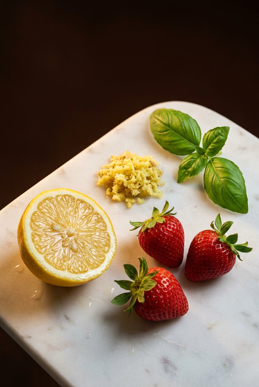Fresh strawberries, lemon slices, basil leaves, ginger root, and raw honey arranged on white marble counter for immunity booster drink recipe with spring herbs and citrus ingredients
