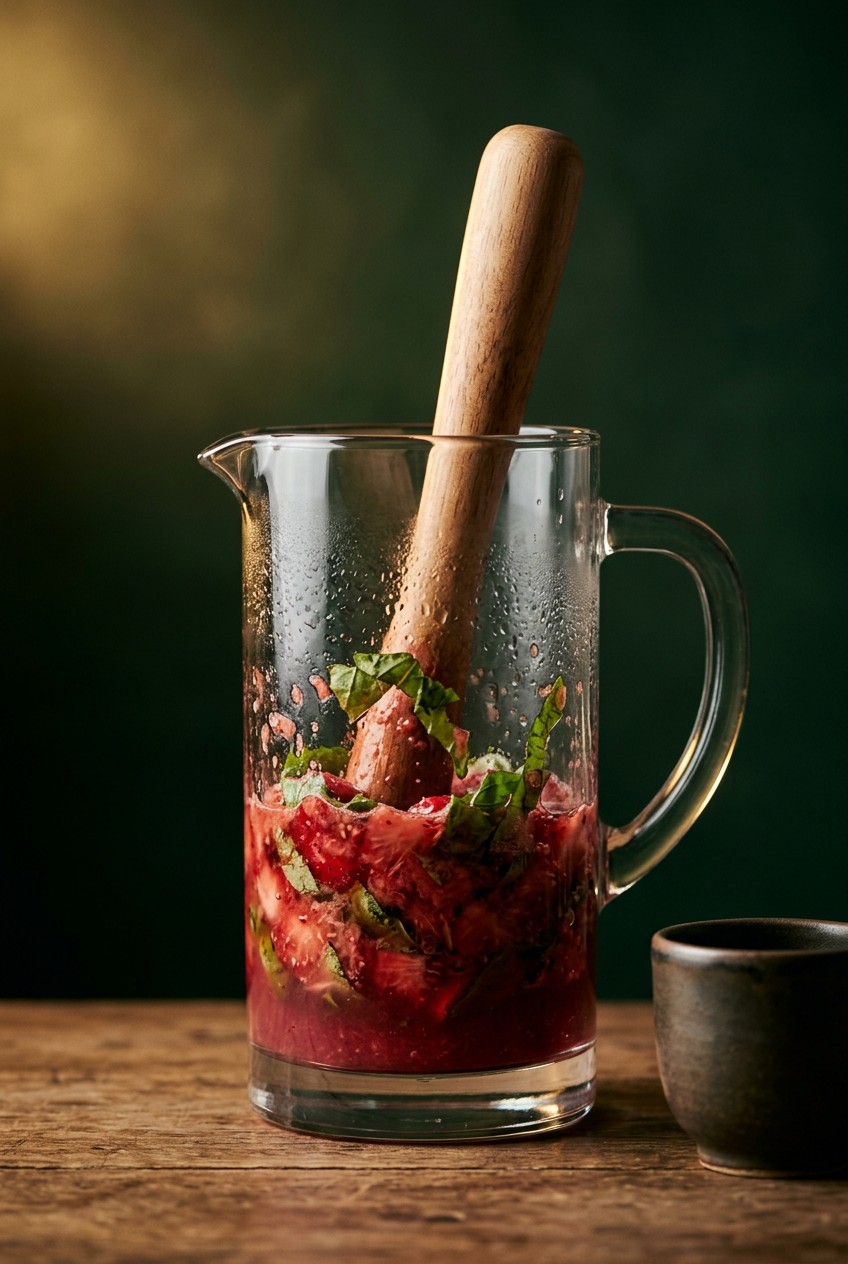 Muddling fresh strawberries and basil in glass pitcher with wooden muddler for spring immunity drink recipe showing crushed fruit and herb mixture