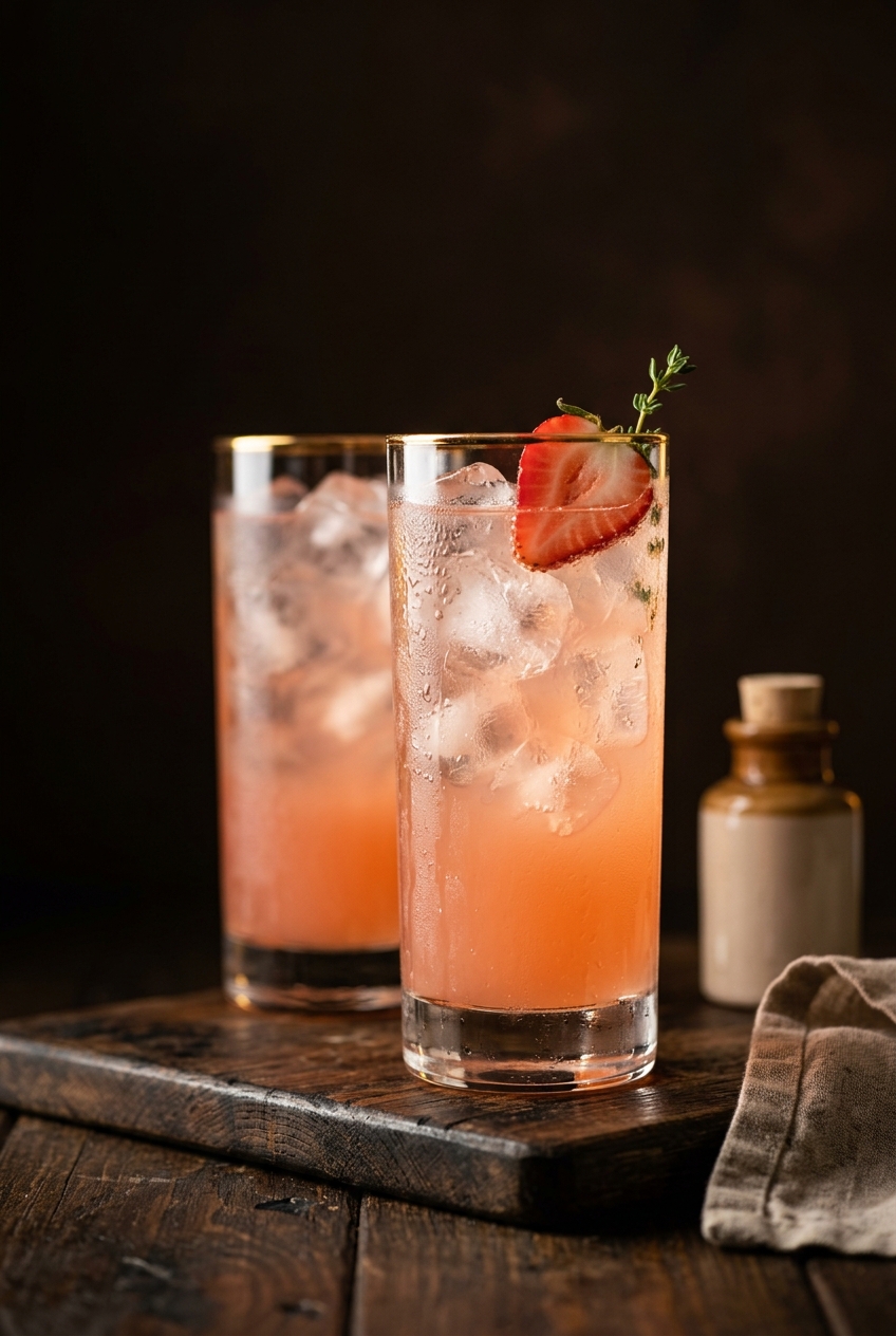 Two tall glasses filled with strained spring immunity booster drink over ice with fresh strawberry and thyme garnish on wooden board showing clear citrus herbal tonic
