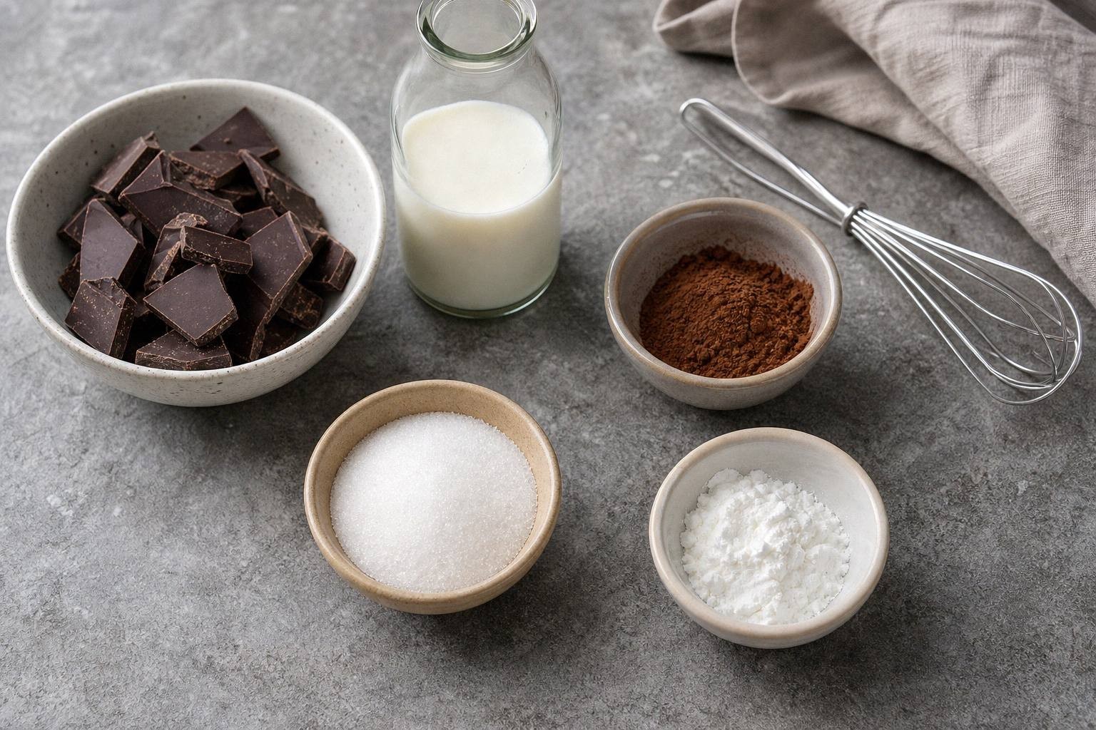 measured ingredients for italian hot chocolate including dark chocolate pieces, cocoa powder, sugar, milk, and cornstarch