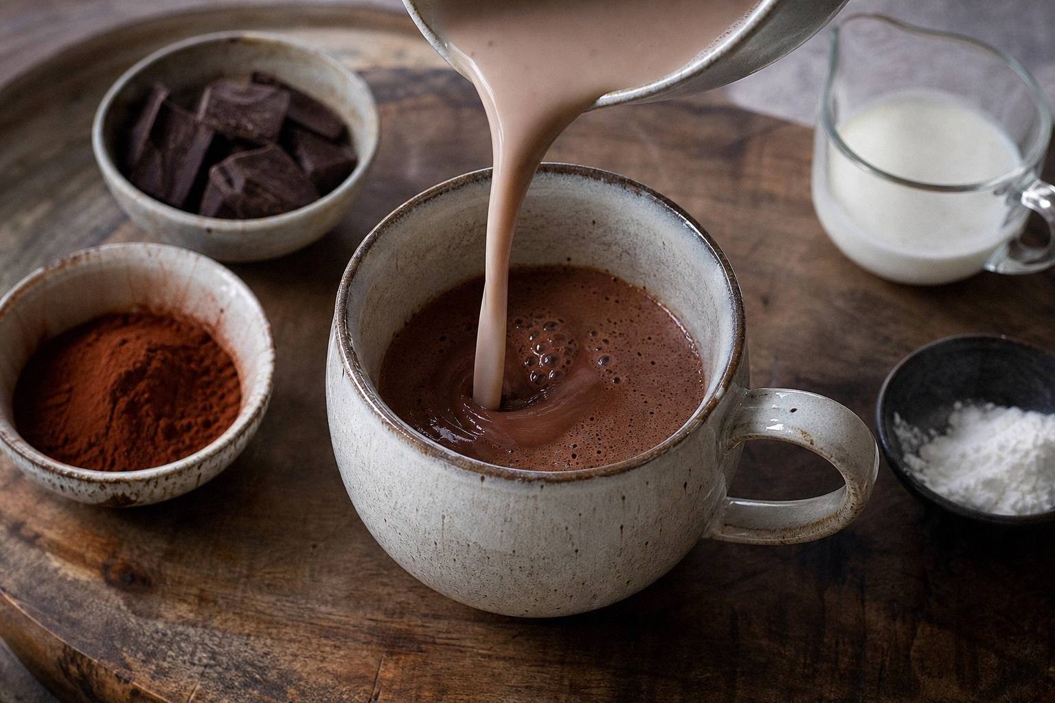 thick italian hot chocolate being poured into a mug, showing the pudding-like consistency