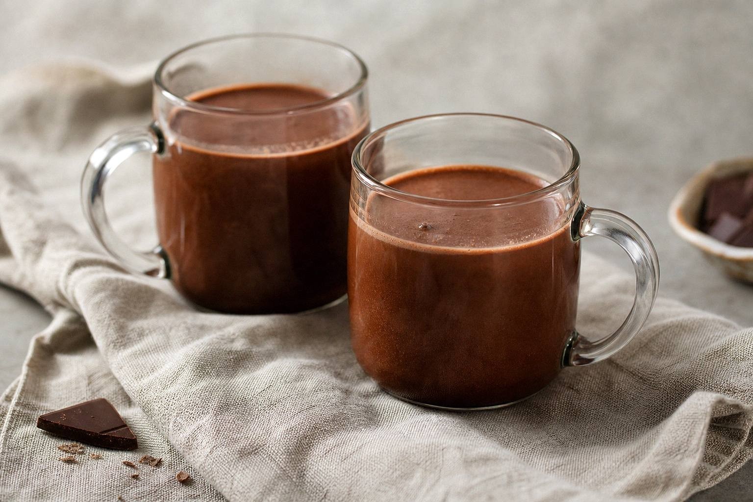 two servings of italian hot chocolate in mugs on a table, ready to serve
