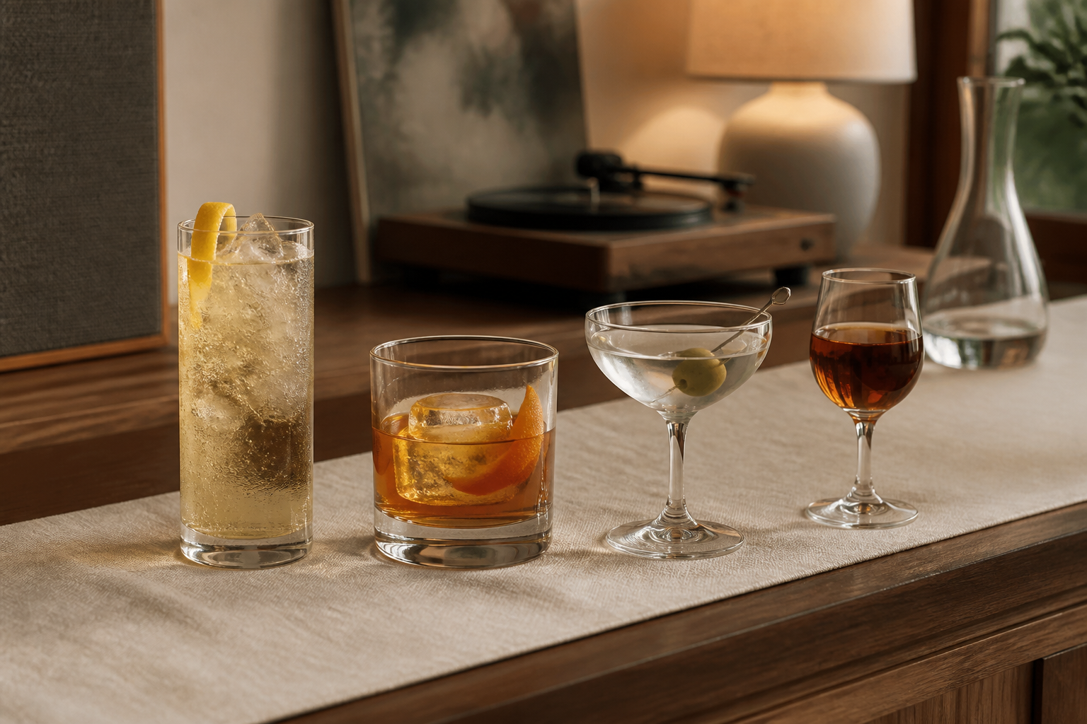 four distinct jazz cocktail styles shown separately as a highball old fashioned dry aperitif and small nightcap with no album artwork