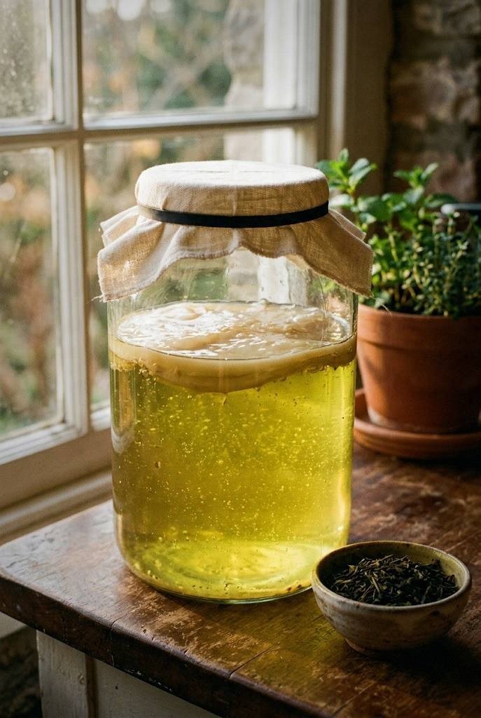 A jar of jun tea fermenting on a kitchen counter with a cloth cover