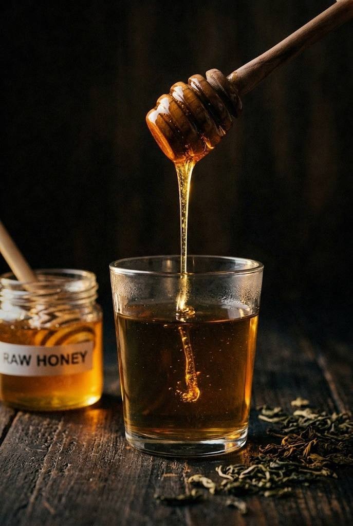 Raw honey being stirred into cooled green tea in a glass jar