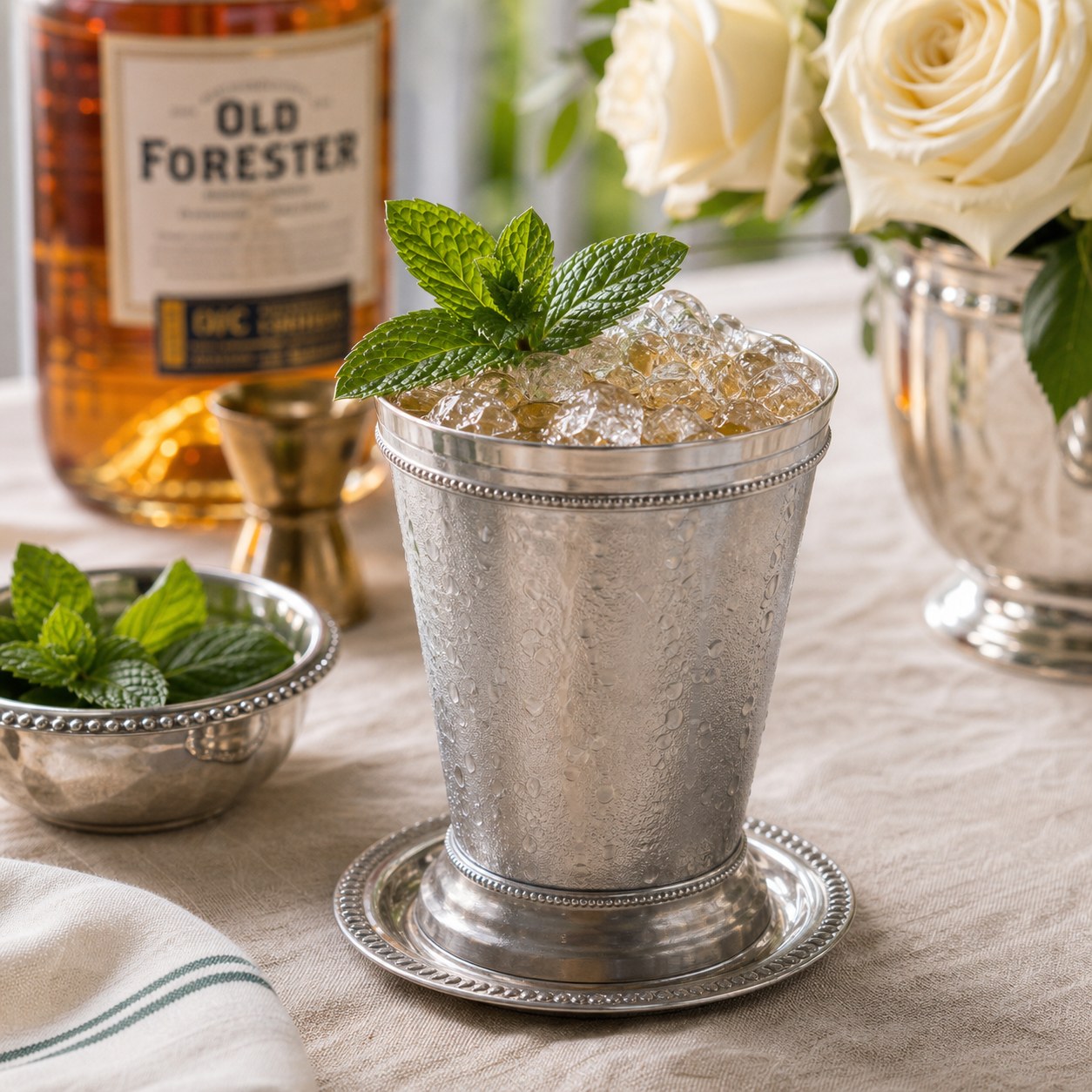 Old Forester mint julep in a silver julep cup with crushed ice and fresh mint on a Derby-style porch table