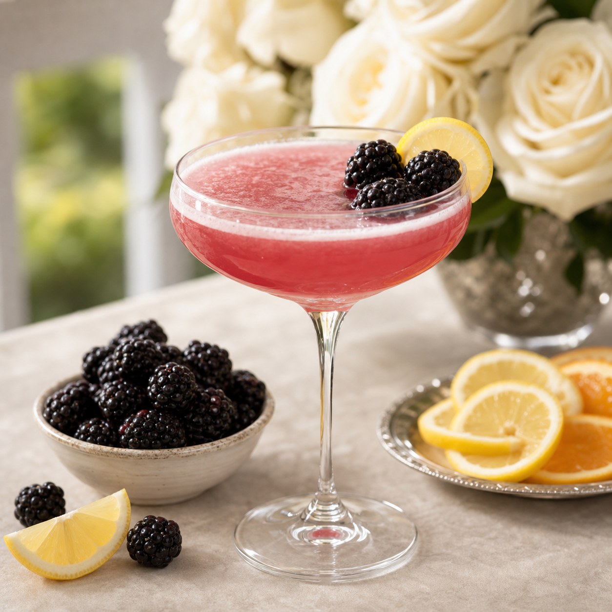 Pink Oaks Lily cocktail in a coupe glass with blackberries and lemon on a bright porch table