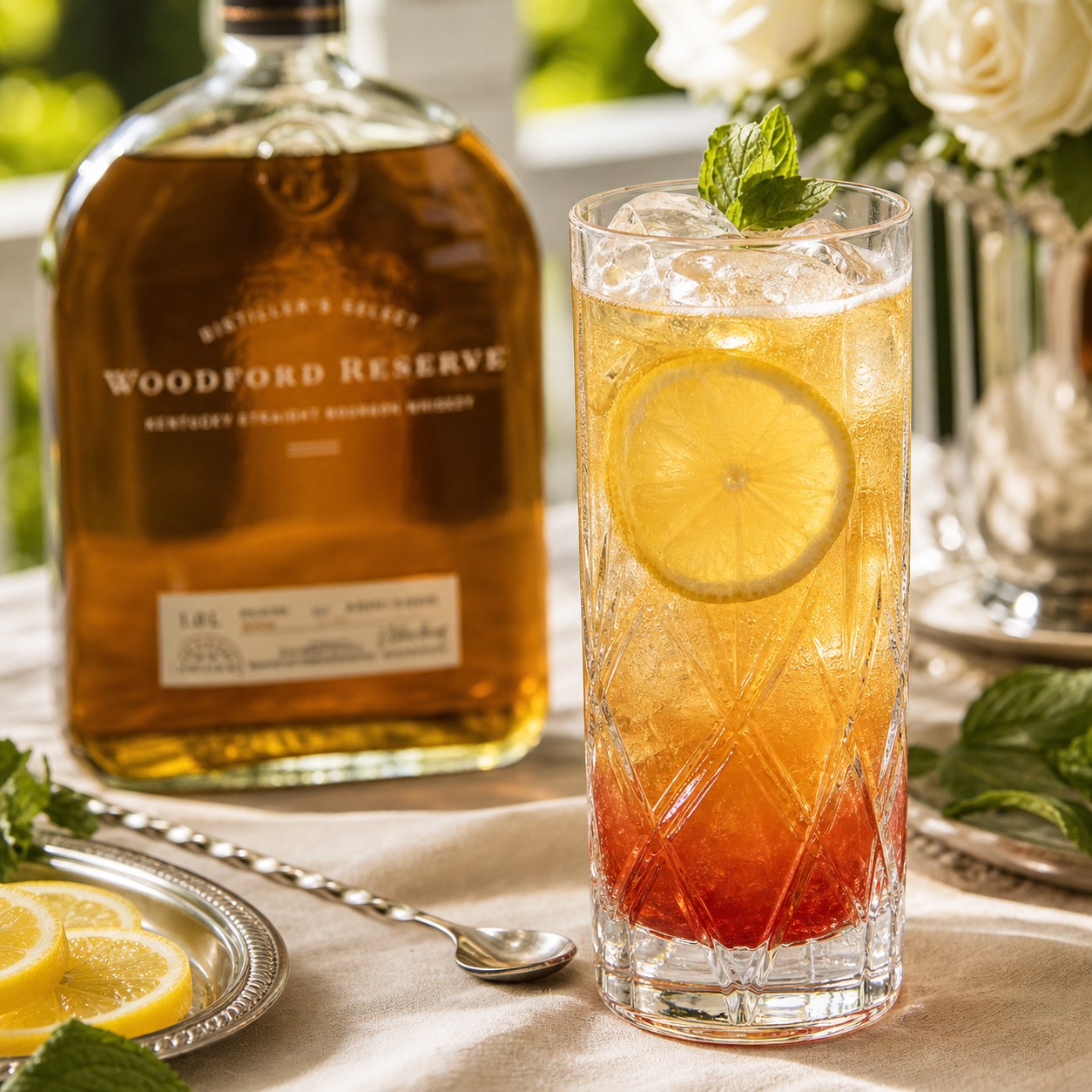 Woodford Reserve Spire cocktail with bourbon, lemonade, cranberry, ice, lemon, and mint in a tall glass