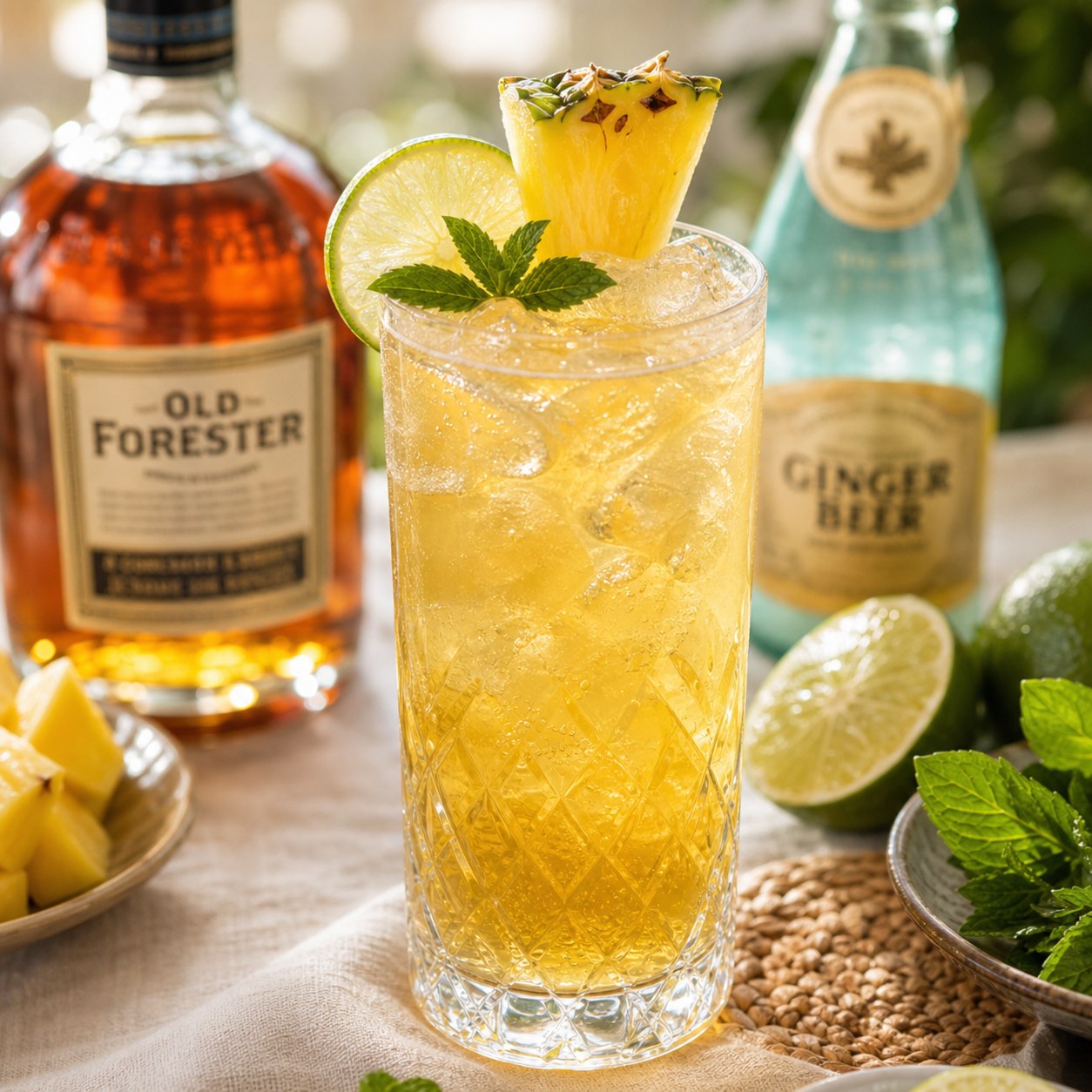 Old Forester The Perfecta cocktail with pineapple, ginger beer, lime, mint, and bourbon in a tall glass