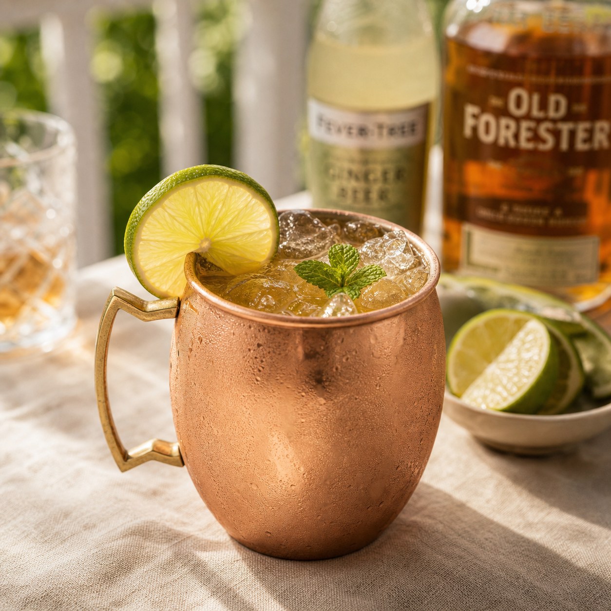 Kentucky Mule in a copper mug with bourbon, ginger beer, lime, mint, and ice