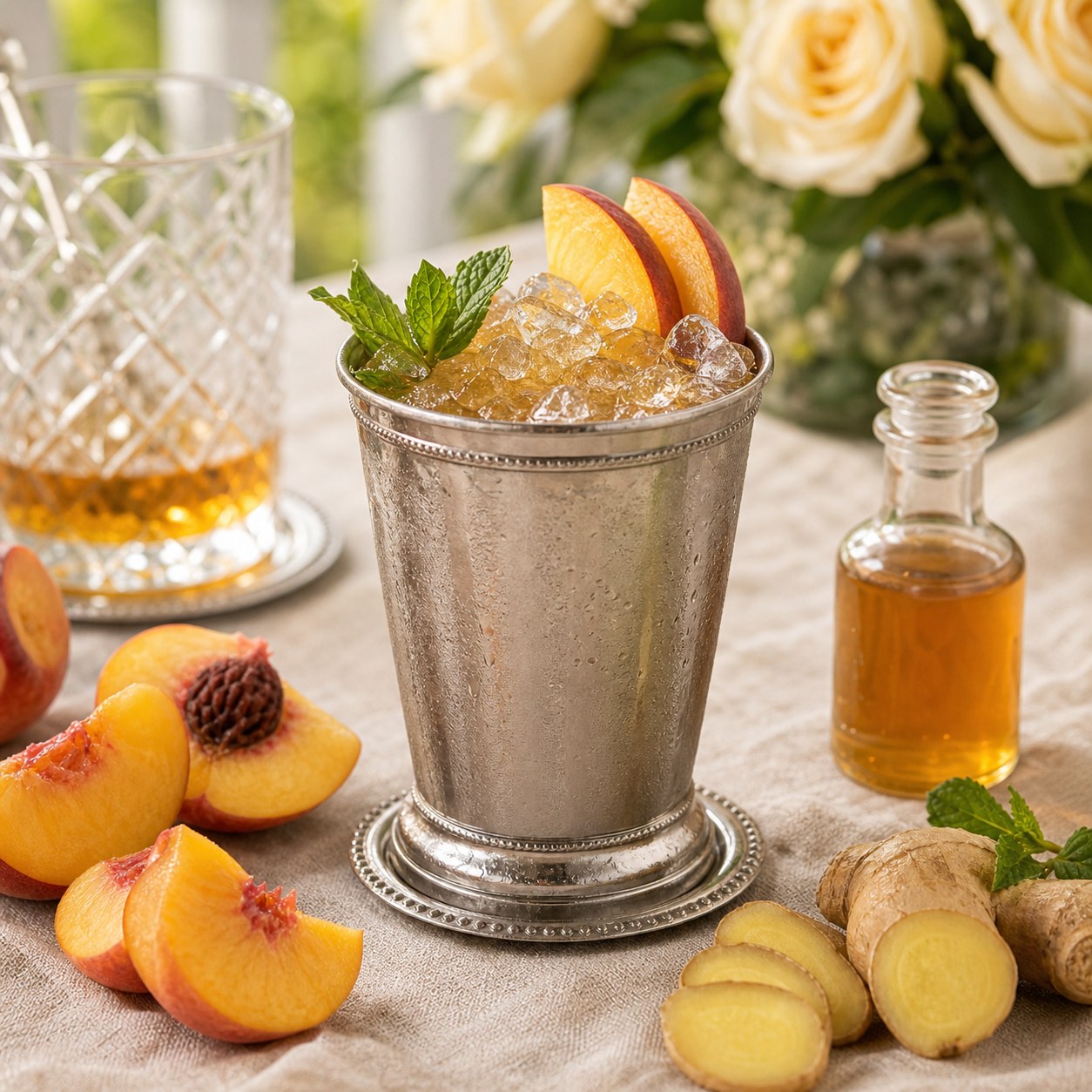 Ginger peach mint julep in a silver cup with crushed ice, peach slices, ginger, and fresh mint nearby