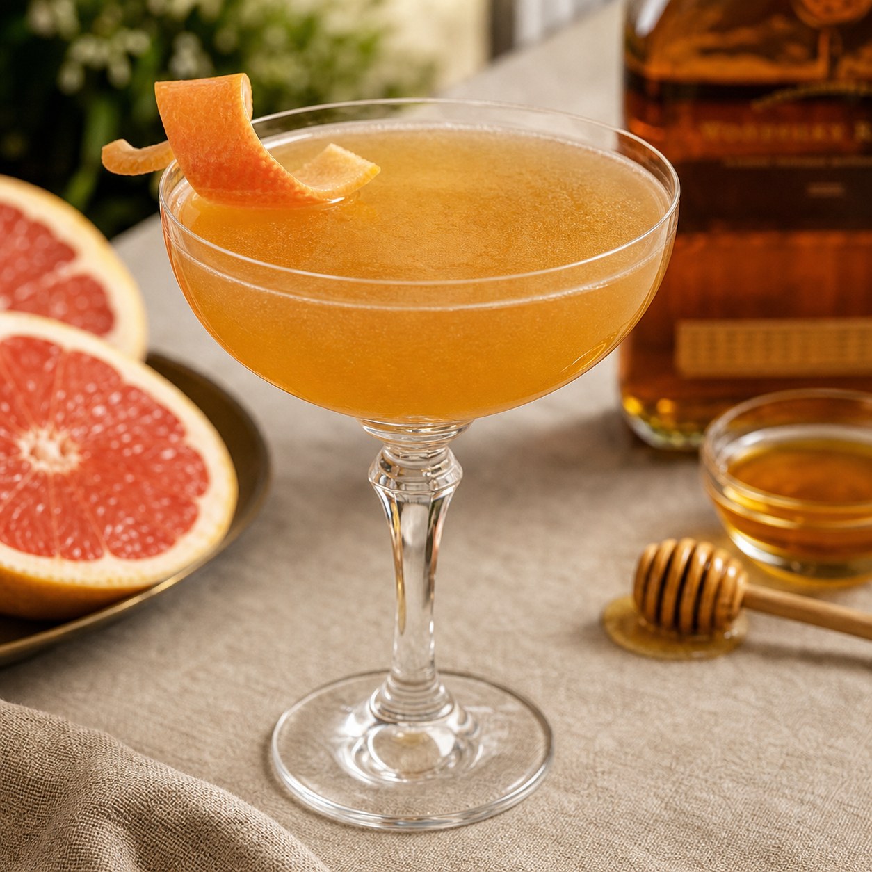 Brown Derby cocktail with bourbon, grapefruit, honey syrup, and a grapefruit twist in a coupe glass