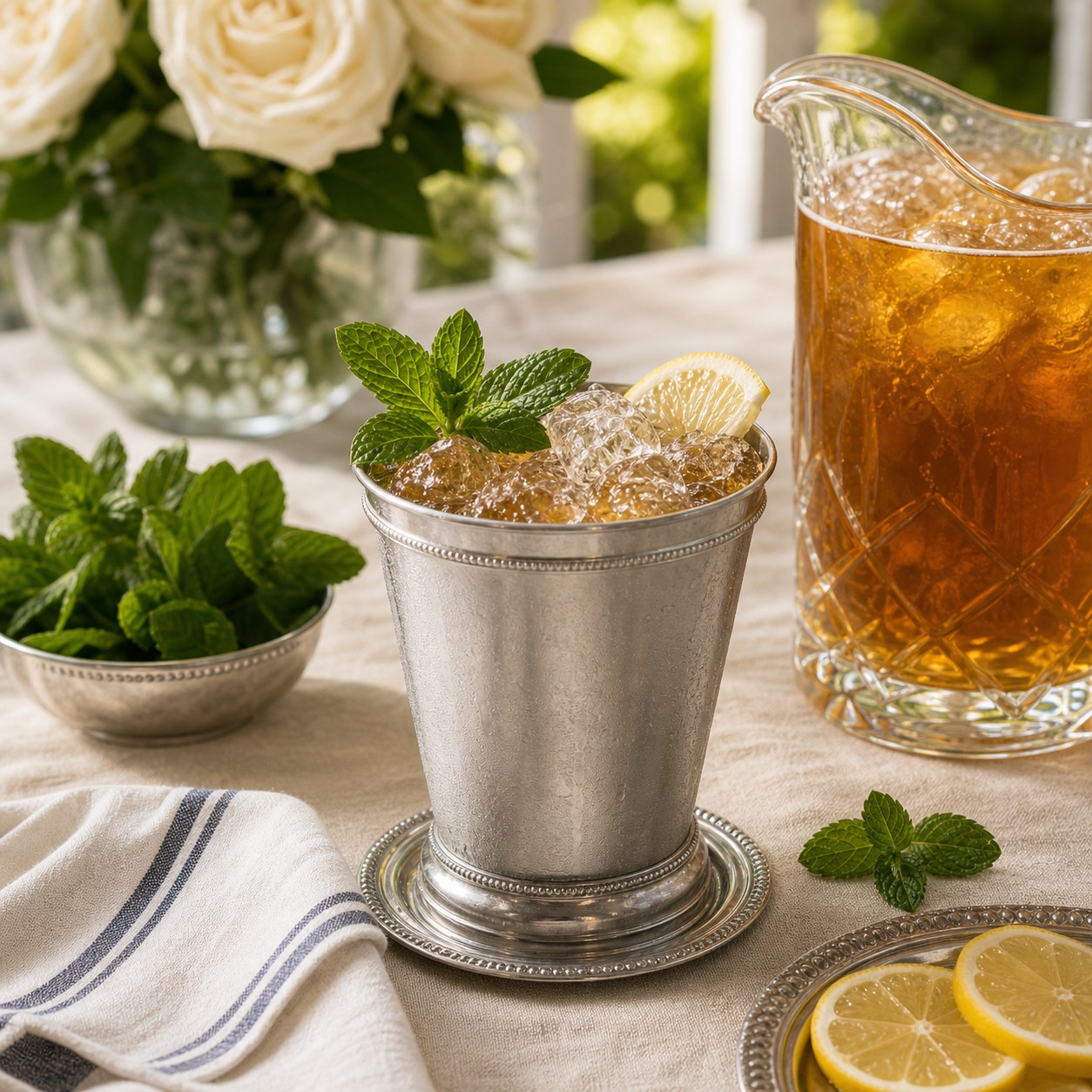 Alcohol-free sweet tea mint julep in a silver cup with crushed ice, fresh mint, lemon, and iced tea pitcher