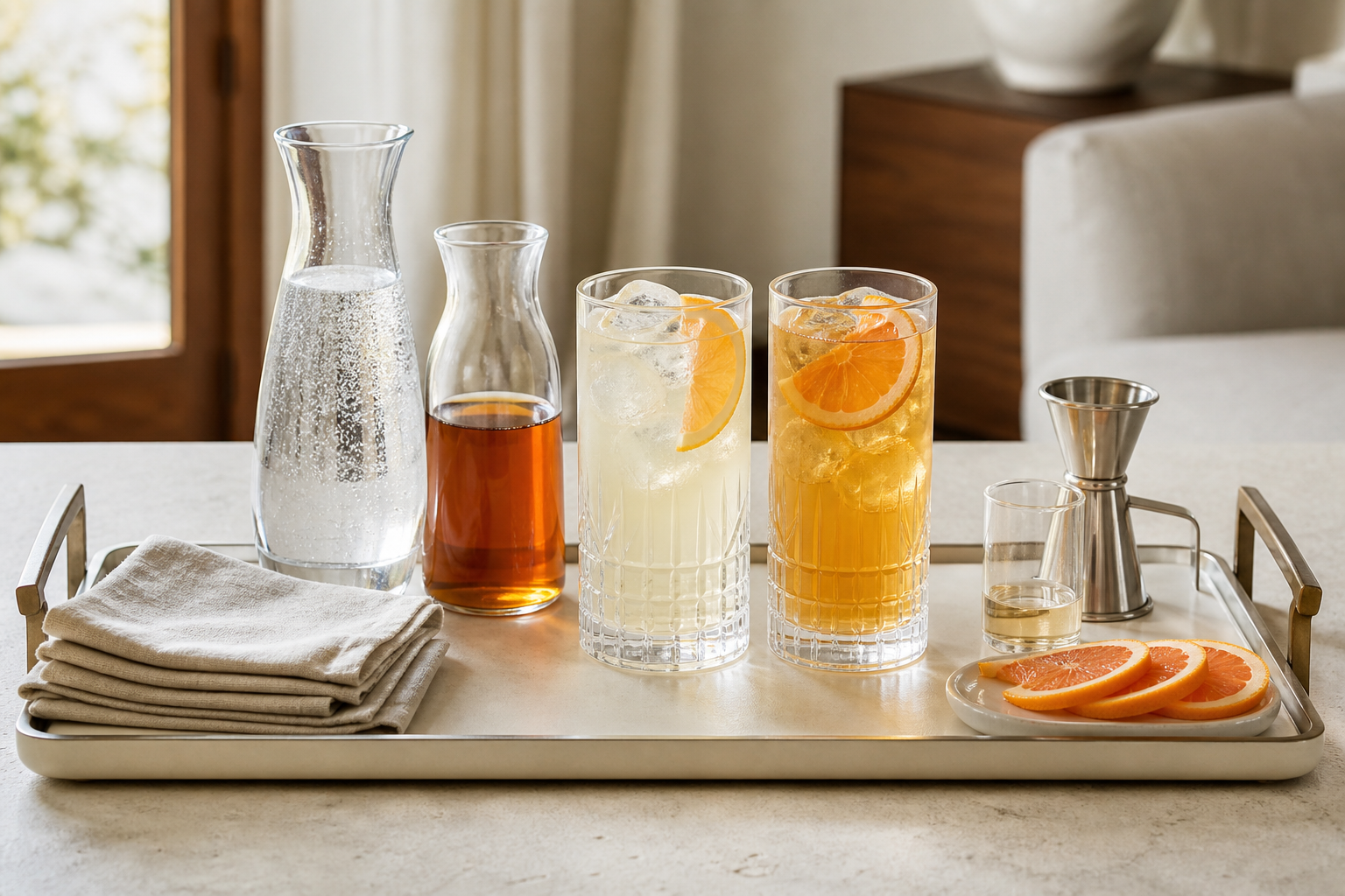 A tray with matching highball glasses, sparkling water, citrus, a jigger, chilled tea, and one spirit set in clear serving order