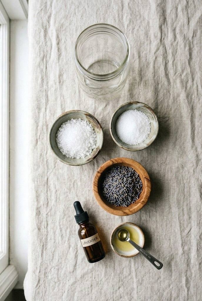 Bowls of Epsom salt, fine sea salt, dried lavender buds, a small amber bottle of lavender essential oil, and a measuring spoon laid out on a pale linen surface in soft morning light