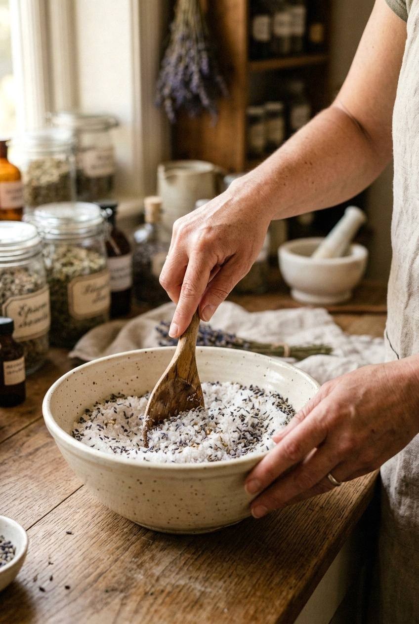 Hands mixing pale Epsom salt and sea salt with dried lavender buds in a large ceramic bowl, a small glass dish of oil beside the bowl