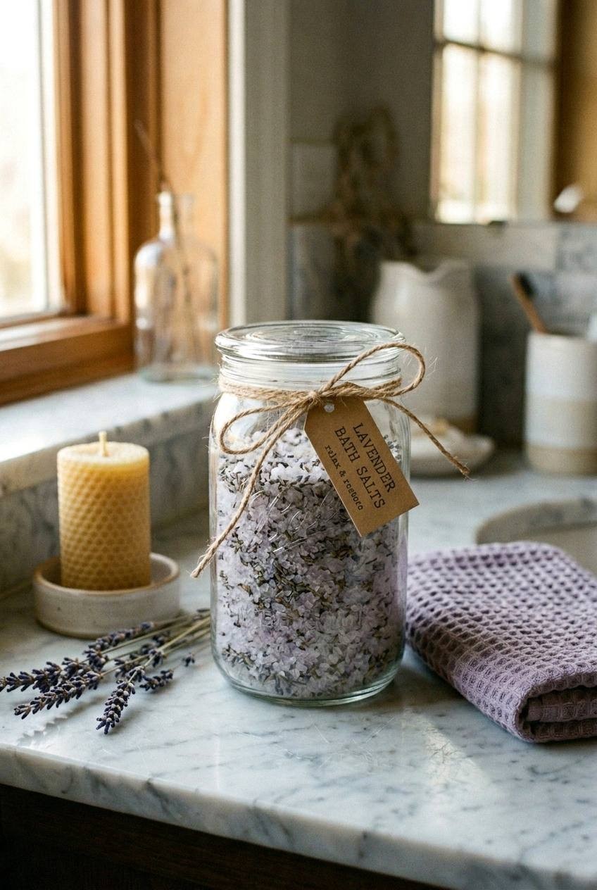 Finished pint glass jar of lavender bath salts tied with twine and a small kraft label, set on a marble counter beside a folded linen towel and a wooden scoop, lavender stems resting alongside