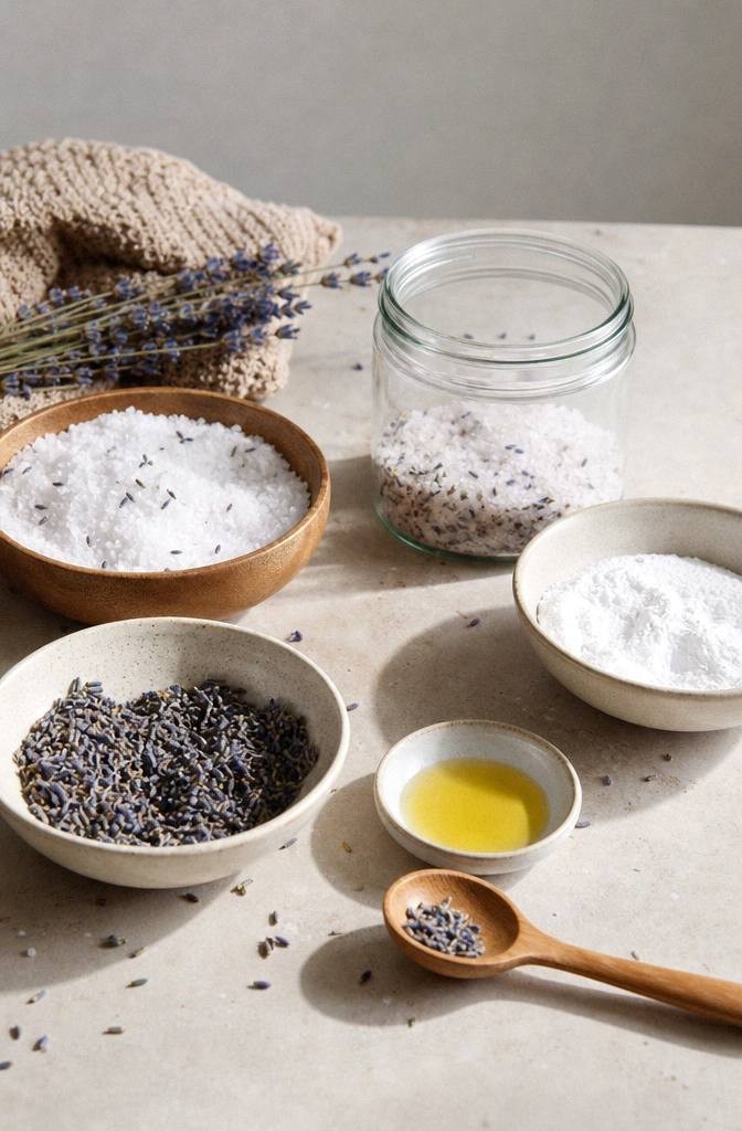 lavender bath salts ingredients with dried lavender epsom salt sea salt baking soda oil and a glass jar