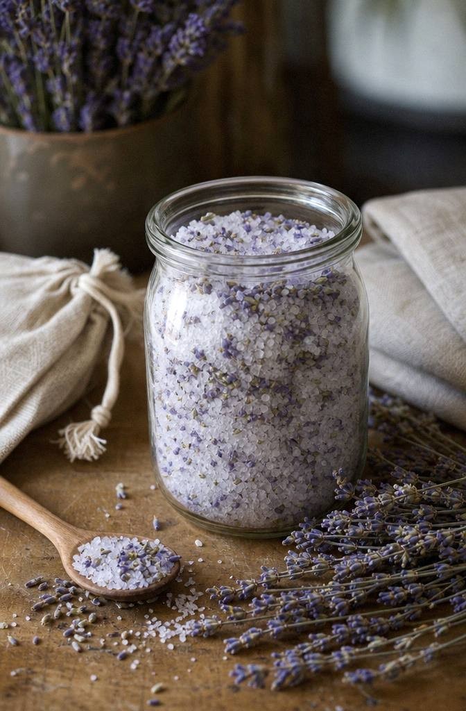 finished lavender bath salts in a glass jar with dried lavender small spoon and linen towel