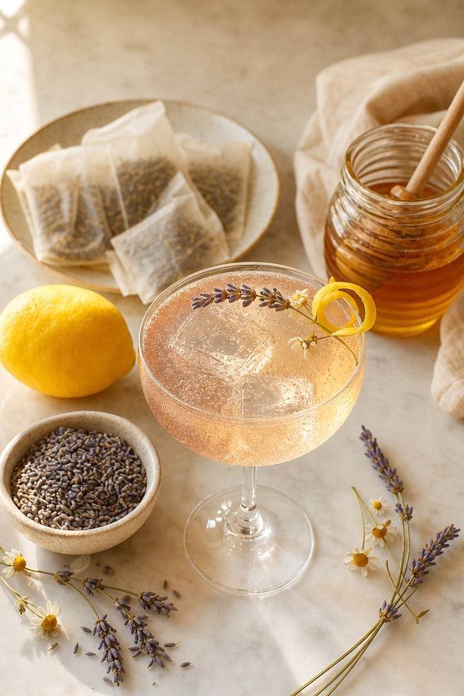 Chamomile tea bags, a small dish of dried lavender buds, a lemon, and honey on a surface under warm lamp light for a bedtime mocktail