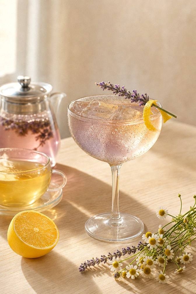 A small pot of pale lavender syrup steeping beside a glass of cooled chamomile tea and lemon for a relaxing bedtime mocktail