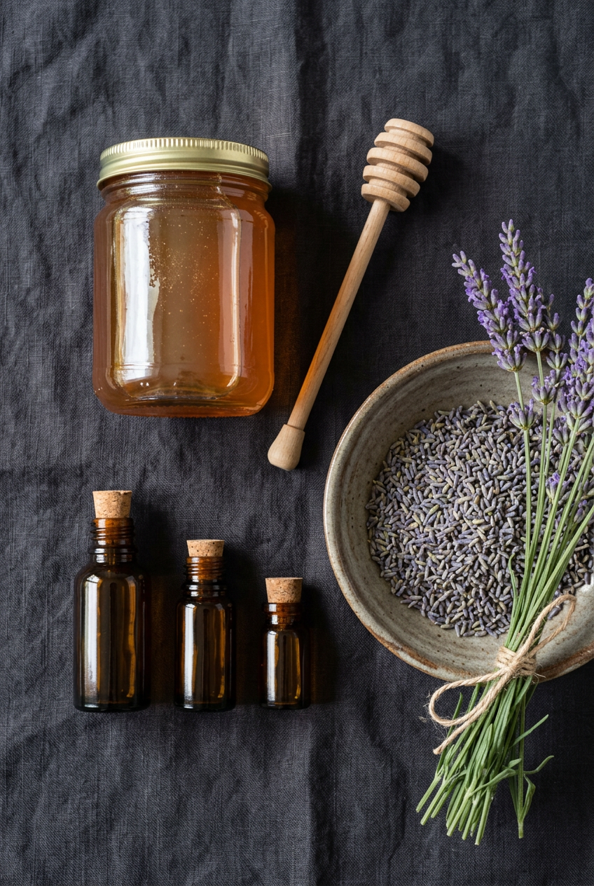 Bundles of dried lavender tied with twine on a linen cloth beside small glass bottles of lavender tea