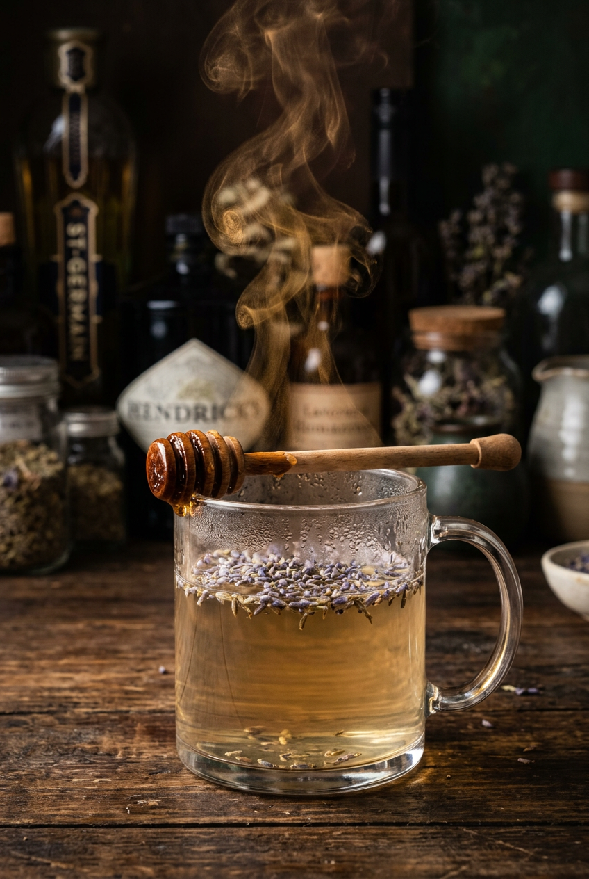 A clear glass mug of lavender tea with dried lavender buds floating on top, honey dipper resting on the rim