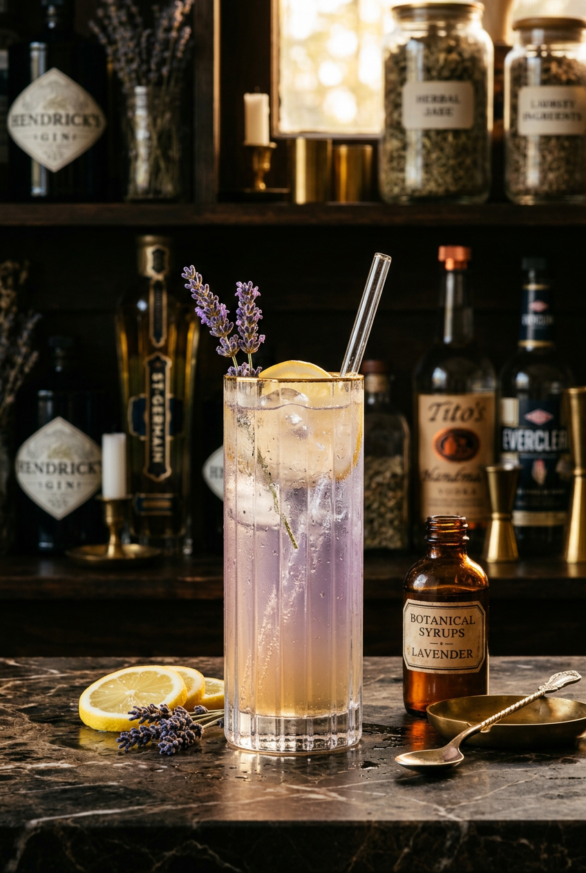 Iced lavender lemonade in a tall glass with fresh lavender sprigs and lemon slices on a sun-drenched wooden table