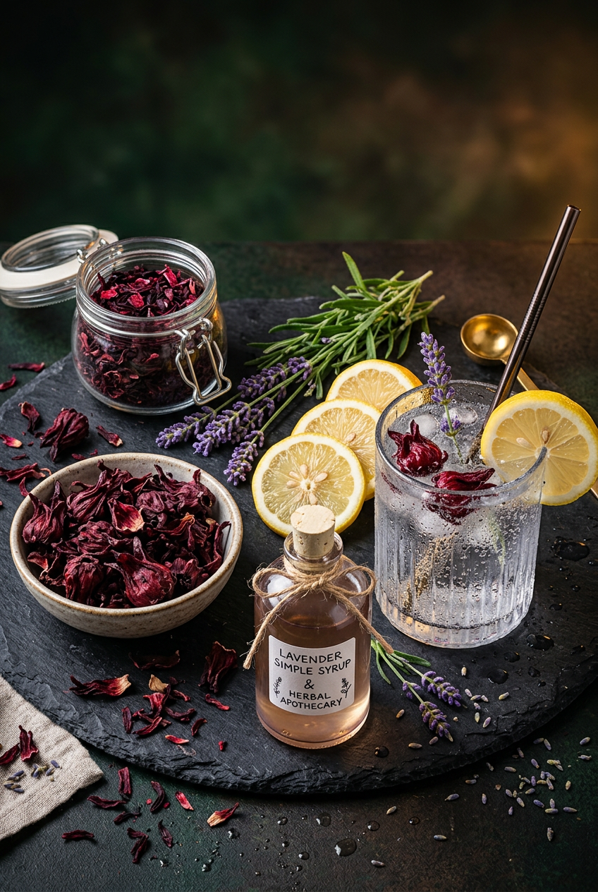 Dried hibiscus flowers, lavender sprigs, lemon, and sparkling water ingredients for botanical mocktail