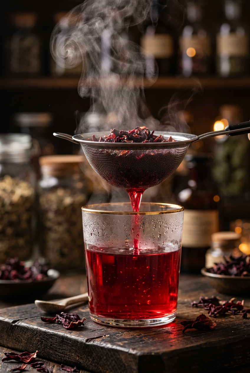 Deep ruby hibiscus tea being strained into glass with steam rising, dark moody background