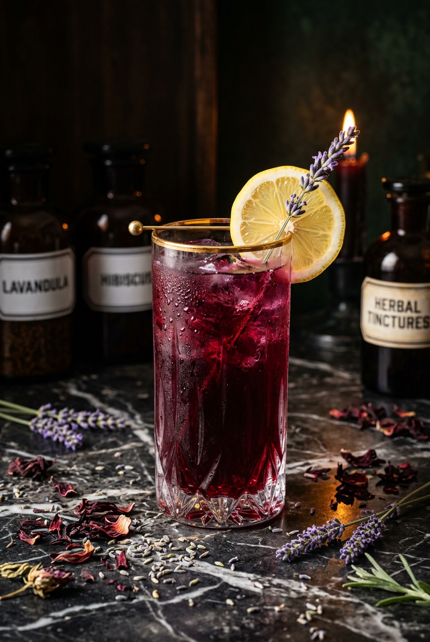 Finished lavender hibiscus highball mocktail in crystal glass with jewel-toned ruby color and lemon garnish