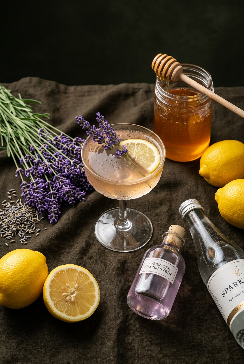 Fresh lavender, golden honey, and bright lemons arranged for a botanical mocktail flatlay