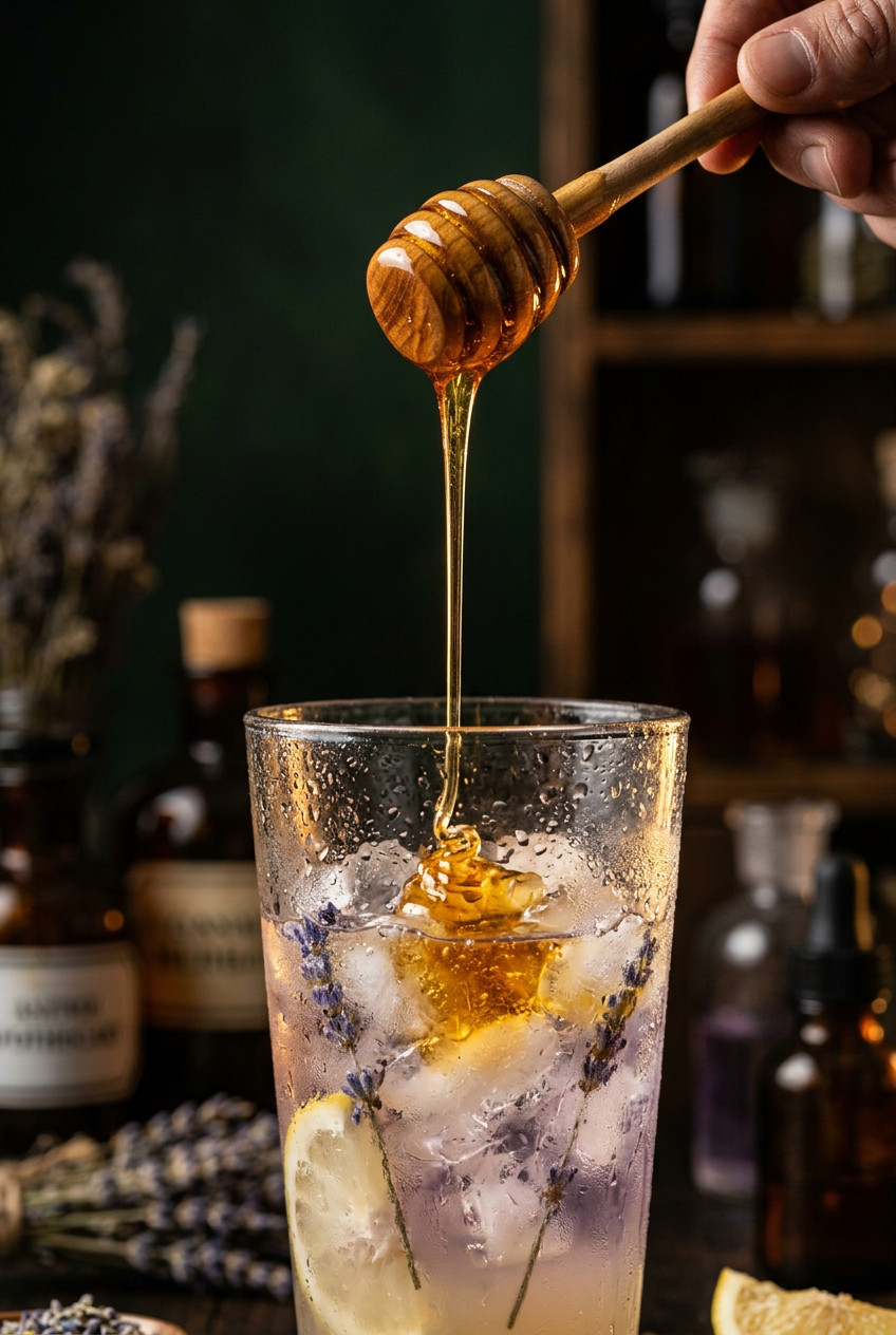 Raw honey being drizzled into a shaker with lavender syrup and fresh lemon juice over ice