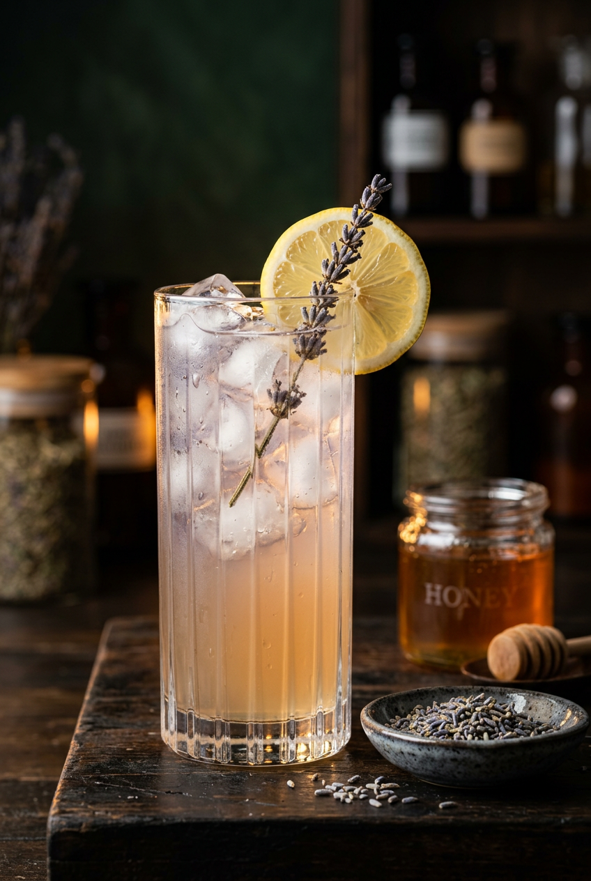 Finished lavender honey lemon mocktail in an elegant glass with dried lavender sprig garnish