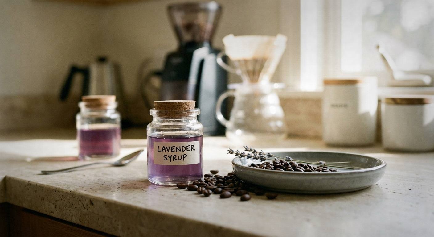 Cold brew coffee being poured over ice into a tall clear glass with a small jar of purple lavender syrup beside it on a bright marble surface