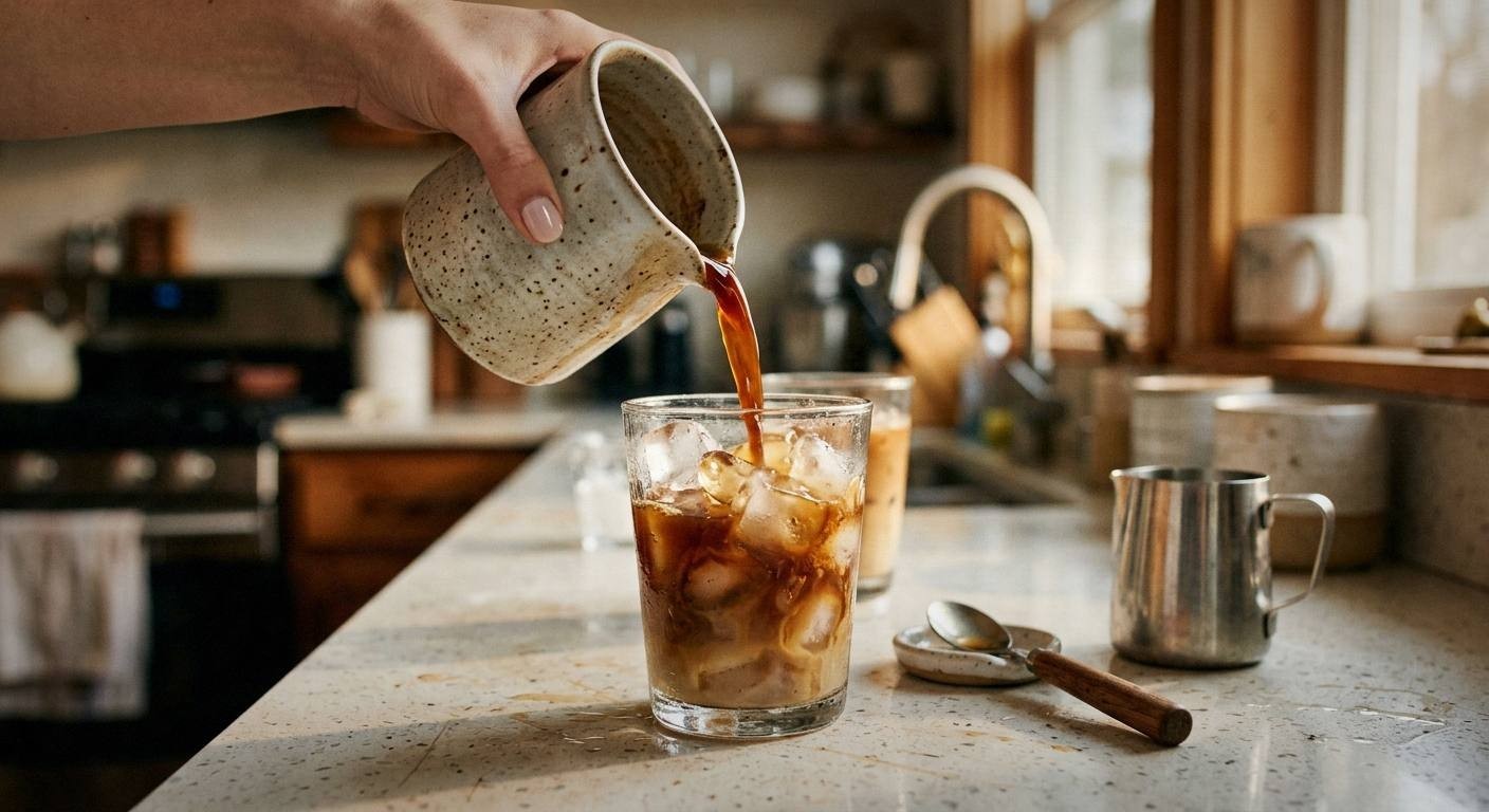 Iced lavender coffee in a tall clear glass showing layers of dark cold brew and white oat milk with ice cubes, a sprig of dried lavender beside the glass on a bright surface
