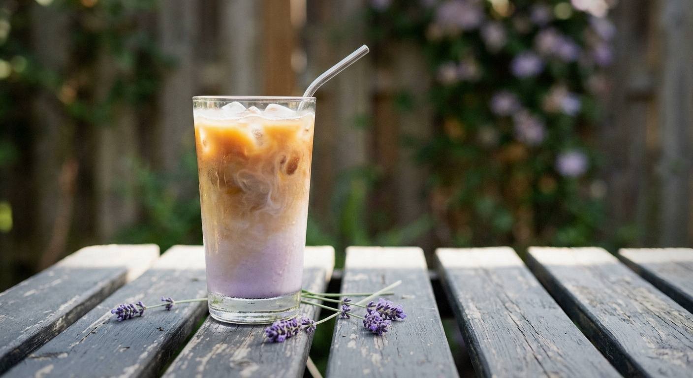 A top-down view of a lavender iced coffee in a clear glass showing swirled oat milk and dark coffee with ice, dried lavender buds scattered on a light wooden surface